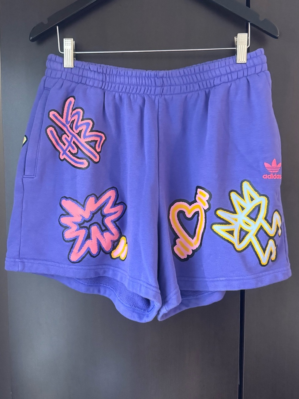 adidas Purple Athletic Shorts with Pink & Yellow Patch Graphics